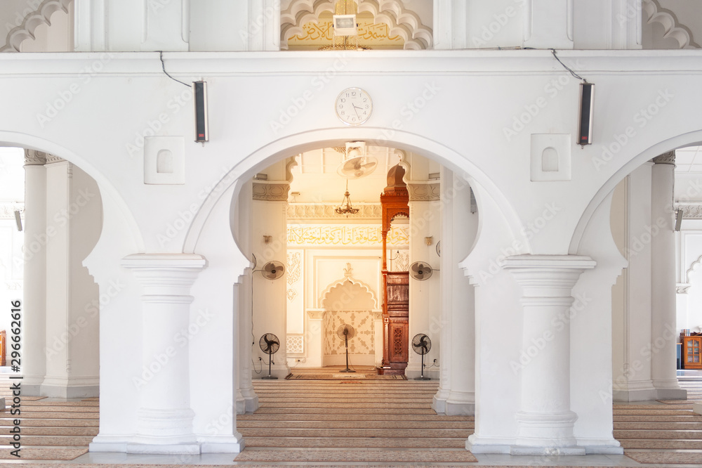 Penang, Malaysia - April 26, 2018 : Arch of the mosque Is art and architecture that is influenced by Arab Represents an important place of Islam Indoor view fixing foresight, simple and calm