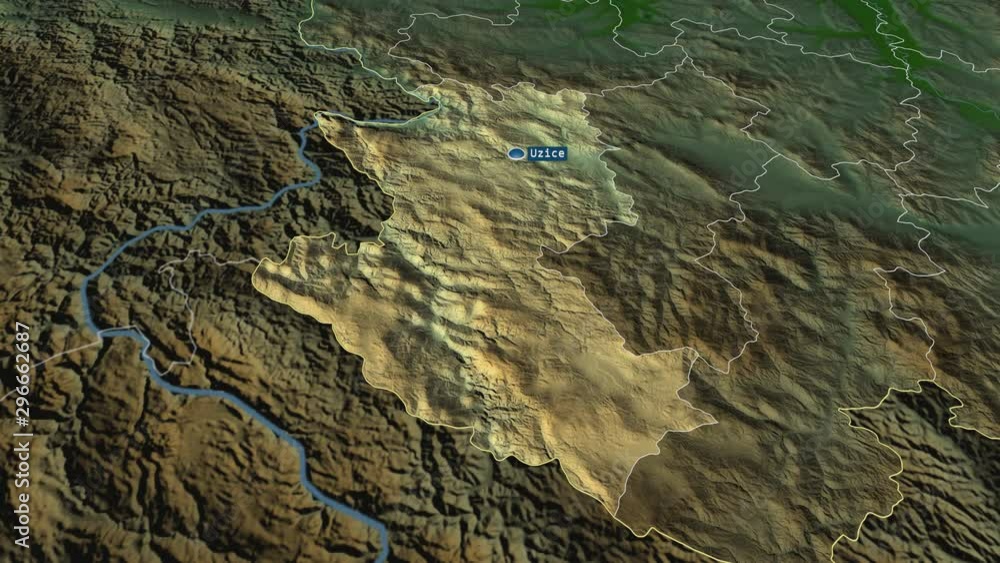 Zlatiborski - district of Serbia with its capital zoomed on the physical map of the globe. Animation 3D Zlatiborski - district of Serbia with its capital zoomed on the physical map of the globe. Animation 3D
