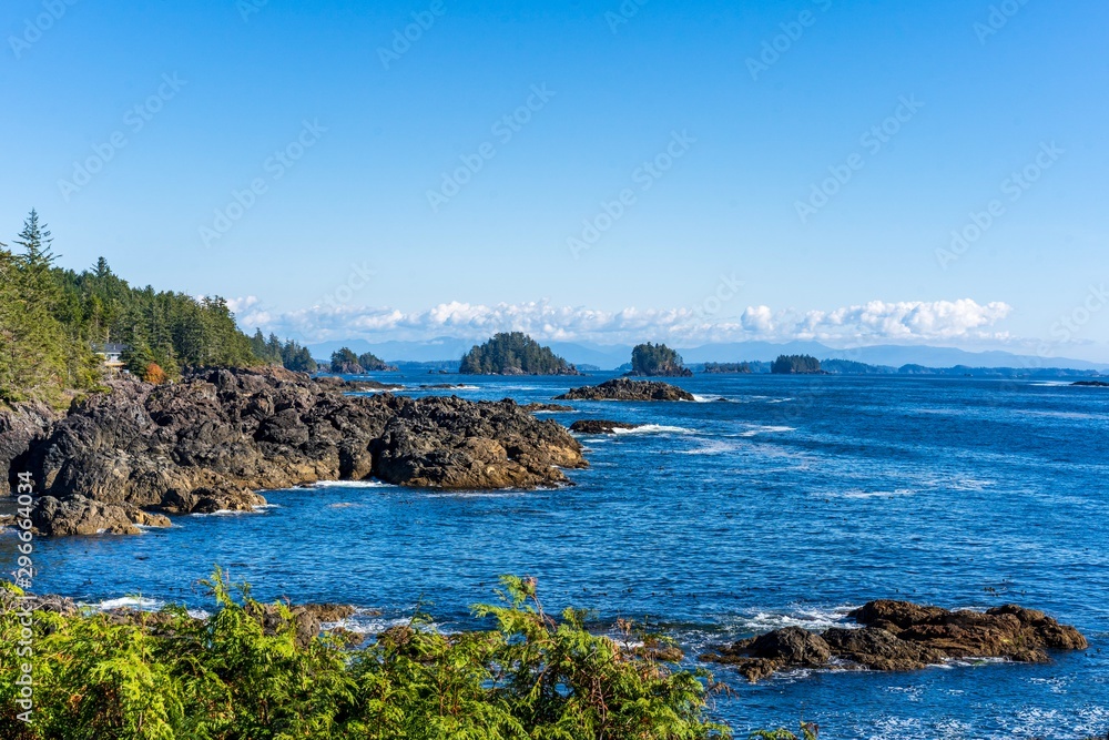 Rocky outcroppings and pop up rock islands at Wild Pacific Trail in Ucluelet, British Columbia, Canada - beautiful splendor of the Pacific Ocean near Tofino 