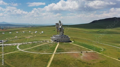 Aerial around view of huge equestrian statue of Genghis Khan in the steppe, Mongolia, Ulaanbaatar, 4k photo