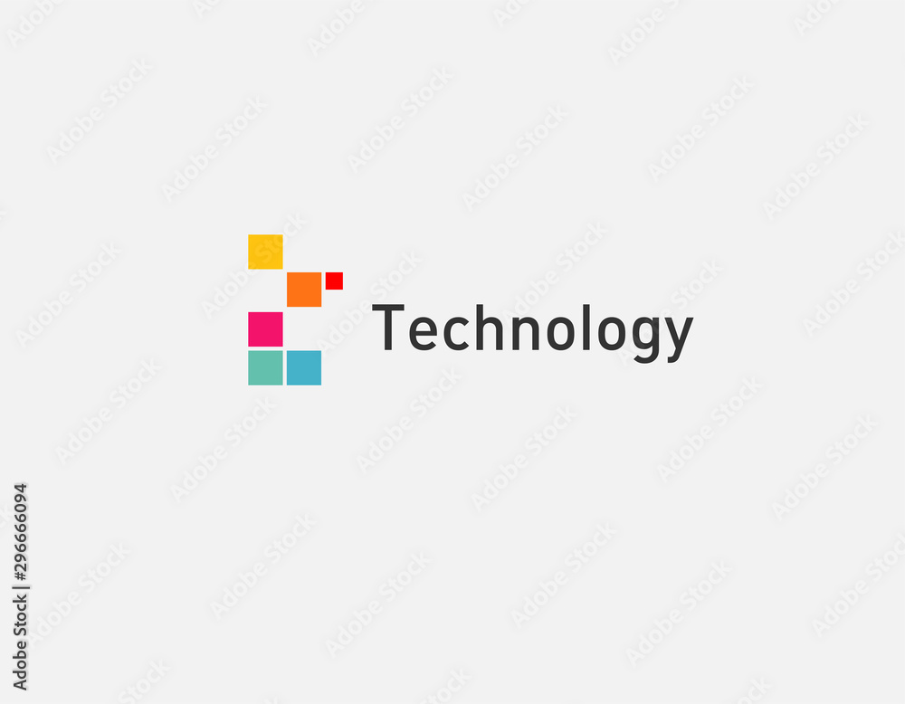 Fototapeta premium Geometric abstract multicolored logo sign letter T from squares puzzles typography for company
