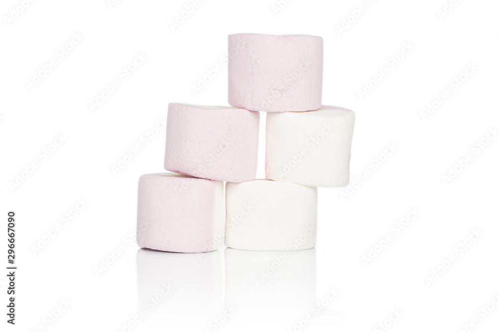 Group of five whole sweet pastel marshmallow isolated on white background Group of five whole sweet pastel marshmallow isolated on white background