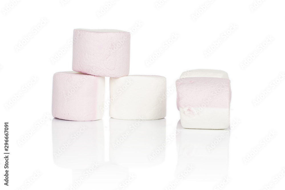 Group of five whole sweet pastel marshmallow isolated on white background Group of five whole sweet pastel marshmallow isolated on white background