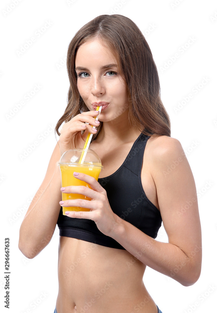 Beautiful young woman with orange juice on white background Beautiful young woman with orange juice on white background