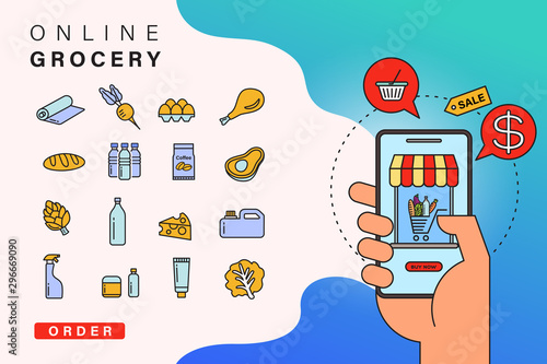 Order grocery online from app by smart phone. Fast delivery. Concept illustration with food and grocery icons, smart phone in hand with supermarket online shopping cart.