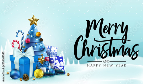 Christmas Banner. Snowy Background with Merry Christmas and Happy New Year Message Typography Lettering Text in Blue Background with Candy Canes, Christmas Tree, Gifts, Balls, Star and Pine Cone