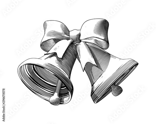 Engraving Christmas bell and ribbon isolated on white BG