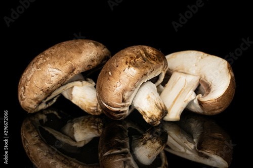 Group of two whole one half of fresh brown mushroom champignon isolated on black glass