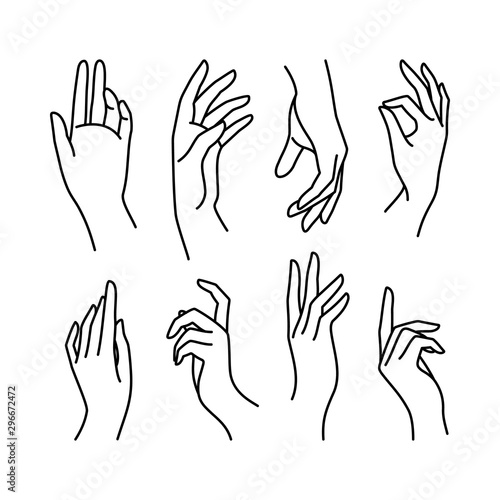 Woman's hand icon collection line. Vector Illustration of Elegant female hands of different gestures.