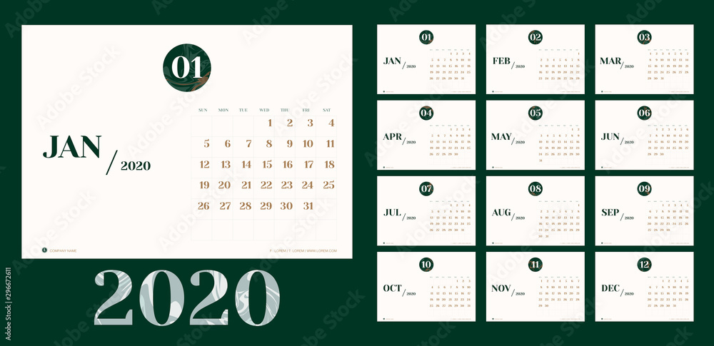 Vector 2020 new year calendar planner template in minimal table simple  style with marble month texture number,Holiday event planner,Week Starts  Sunday.layout annual calender.timetable for diary Stock Vector | Adobe Stock