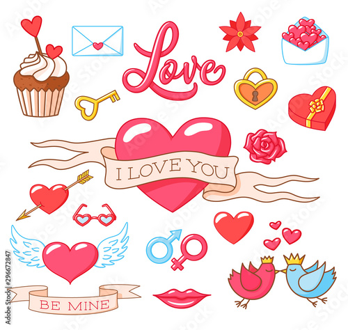 Romantic stickers collection of decorative vector elements. EPS10.