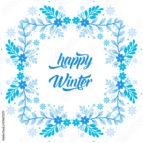 Place for text, happy winter, with pattern design of blue flower frame. Vector