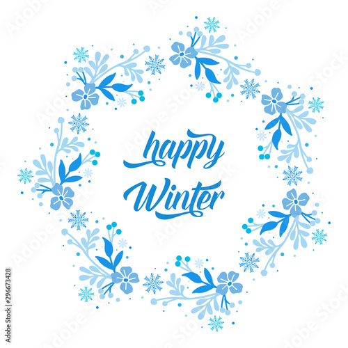Card happy winter, with abstract beautiful blue leaf floral frame. Vector