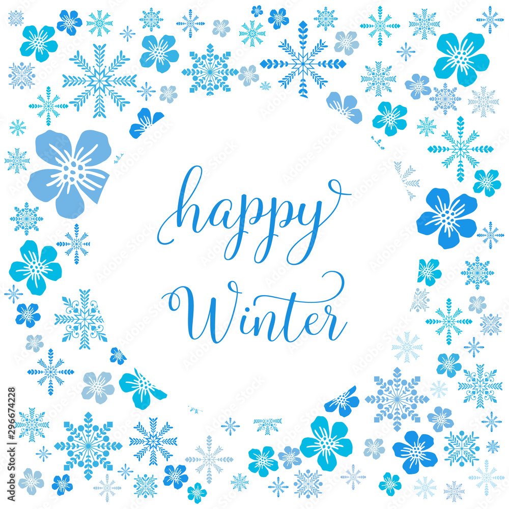 Greeting card happy winter, with ornament plant of blue leaf flower frame. Vector