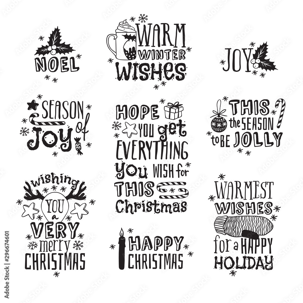 Obraz premium Hand drawn Christmas things on white background. Creative ink art work. Actual vector doodle drawing and Holidays text