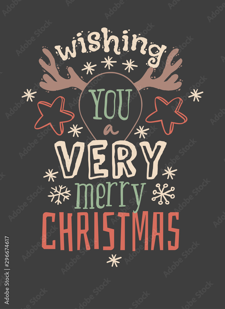 Hand drawn Christmas things on dark background. Creative ink art work. Actual vector doodle drawing and Holidays text WISHING YOU A VERY MERRY CHRISTMAS