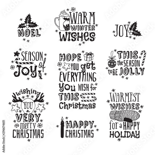 Hand drawn Christmas things on white background. Creative ink art work. Actual vector doodle drawing and Holidays text