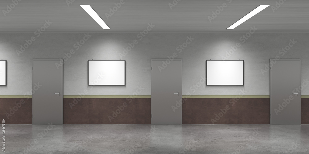 Fototapeta premium long corridor with doors, interior visualization, 3D illustration