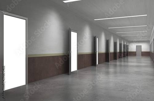 long corridor with doors, interior visualization, 3D illustration