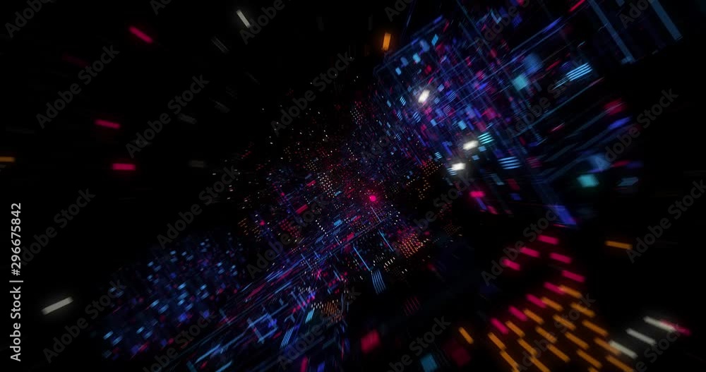 Abstract technology big data cloud computing background with bright neon lines and dots. Flying in Digital Cyber City Particles HUD. floating circuits. Seamless loop, 3D render Abstract technology big data cloud computing background with bright neon lines and dots. Flying in Digital Cyber City Particles HUD. floating circuits. Seamless loop, 3D render