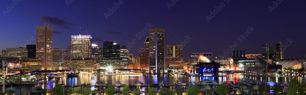 Colorful Baltimore skyline over the Inner Harbor at dusk - obrazy, fototapety, plakaty 