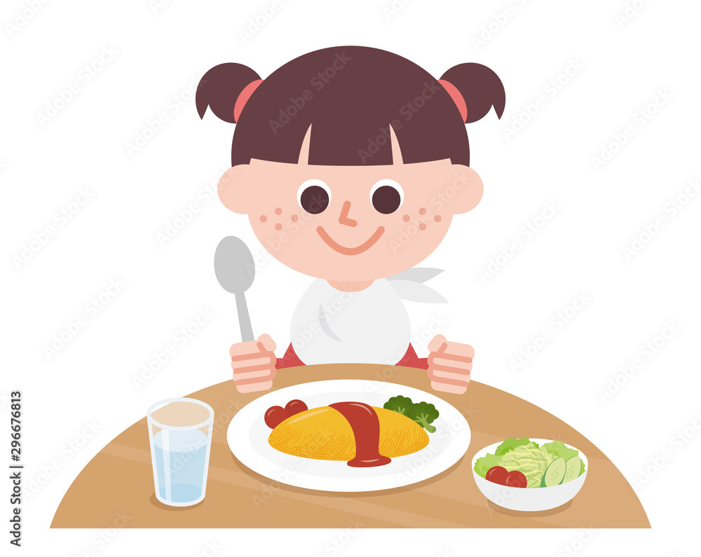 Girl eating omelet rice