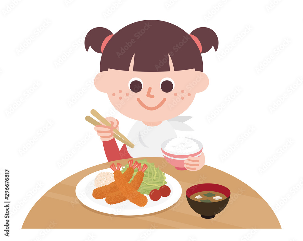 Girl eating fried shrimp set meal