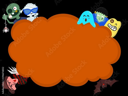 halloween orange frame with ghost, Frankenstein, mummy, zombie, Freddy Krueger and bats on black background.