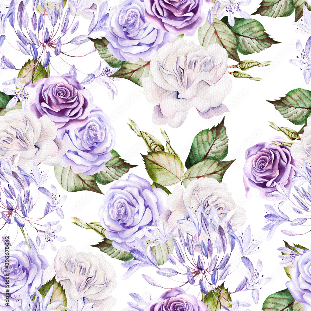 Beautiful watercolor seamless pattern with  white and purple roses, bud. 