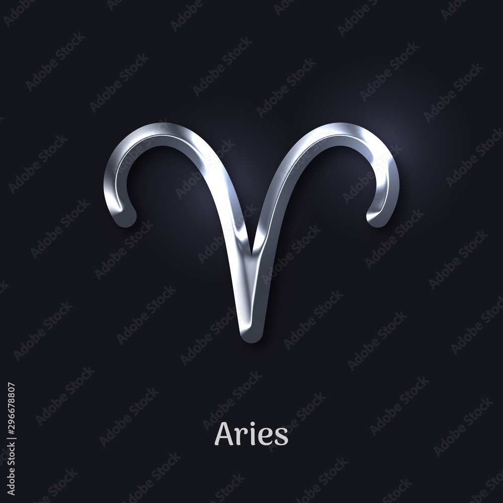 Aries silver metal zodiac sign isolated on dark background. Luxury star sign for astrology horoscope prediction. Realistic shiny stylized design of horoscope constellation vector illustration.