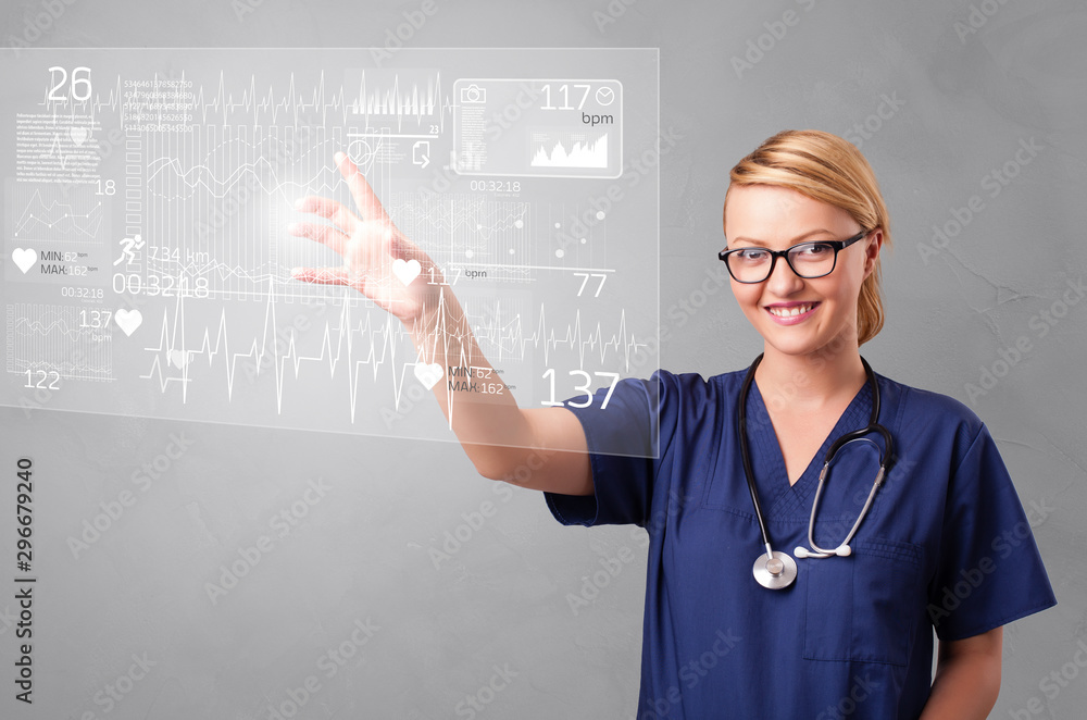 Doctor touching hologram screen displaying healthcare running symbols Doctor touching hologram screen displaying healthcare running symbols