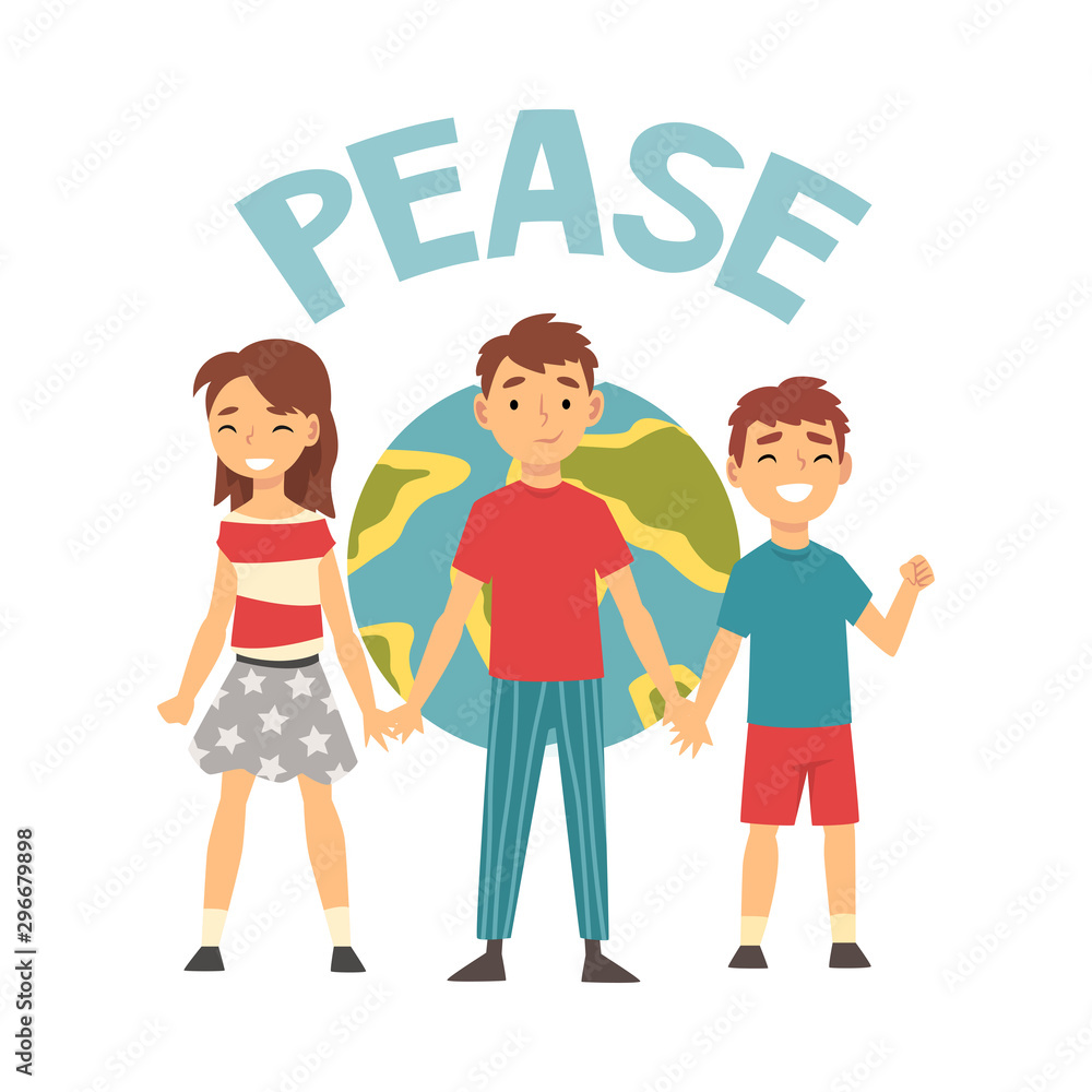 Three children on the background of the planet Earth and lettering cartoon vector illustration Three children on the background of the planet Earth and lettering cartoon vector illustration