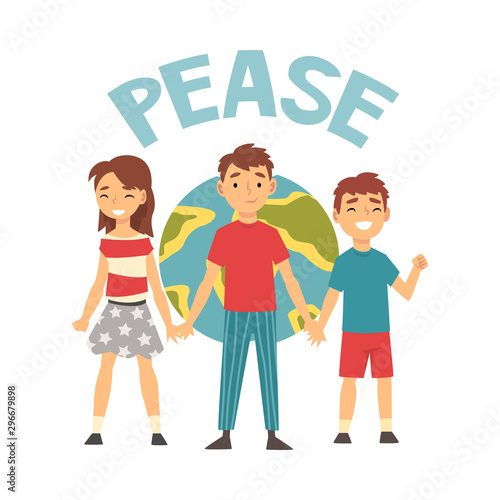 Three children on the background of the planet Earth and lettering cartoon vector illustration