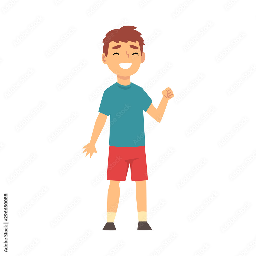 Boy smiles and shows a fist in support cartoon vector illustration