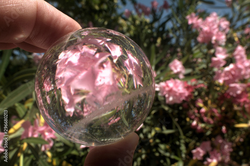 Quartz sphere with inclusions lensing a scene in a Tuscan garden