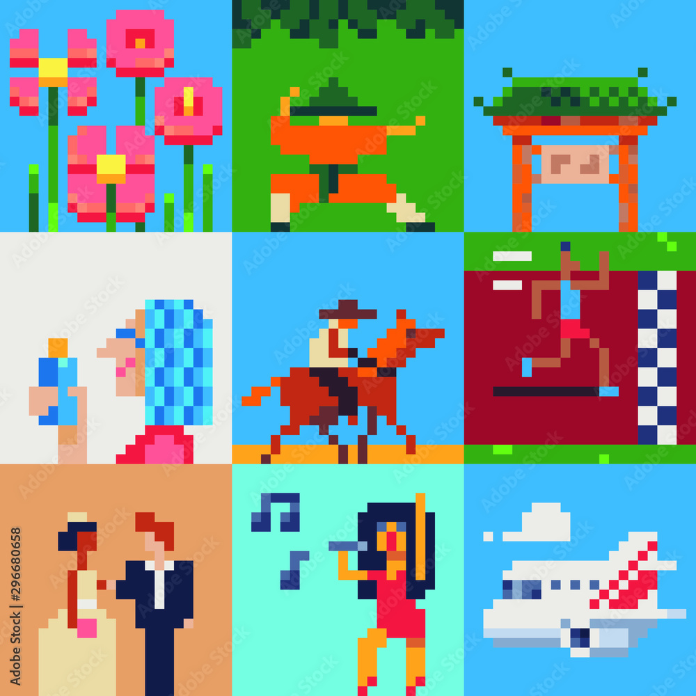 Pixel art set, flowers, ninja, pagoda, woman, cowboy on horse, runner in competitions, wedding, singer, airplane, isolated vector illustration, design for logo, sticker, mobile app. Game assets 8-bit. Pixel art set, flowers, ninja, pagoda, woman, cowboy on horse, runner in competitions, wedding, singer, airplane, isolated vector illustration, design for logo, sticker, mobile app. Game assets 8-bit.