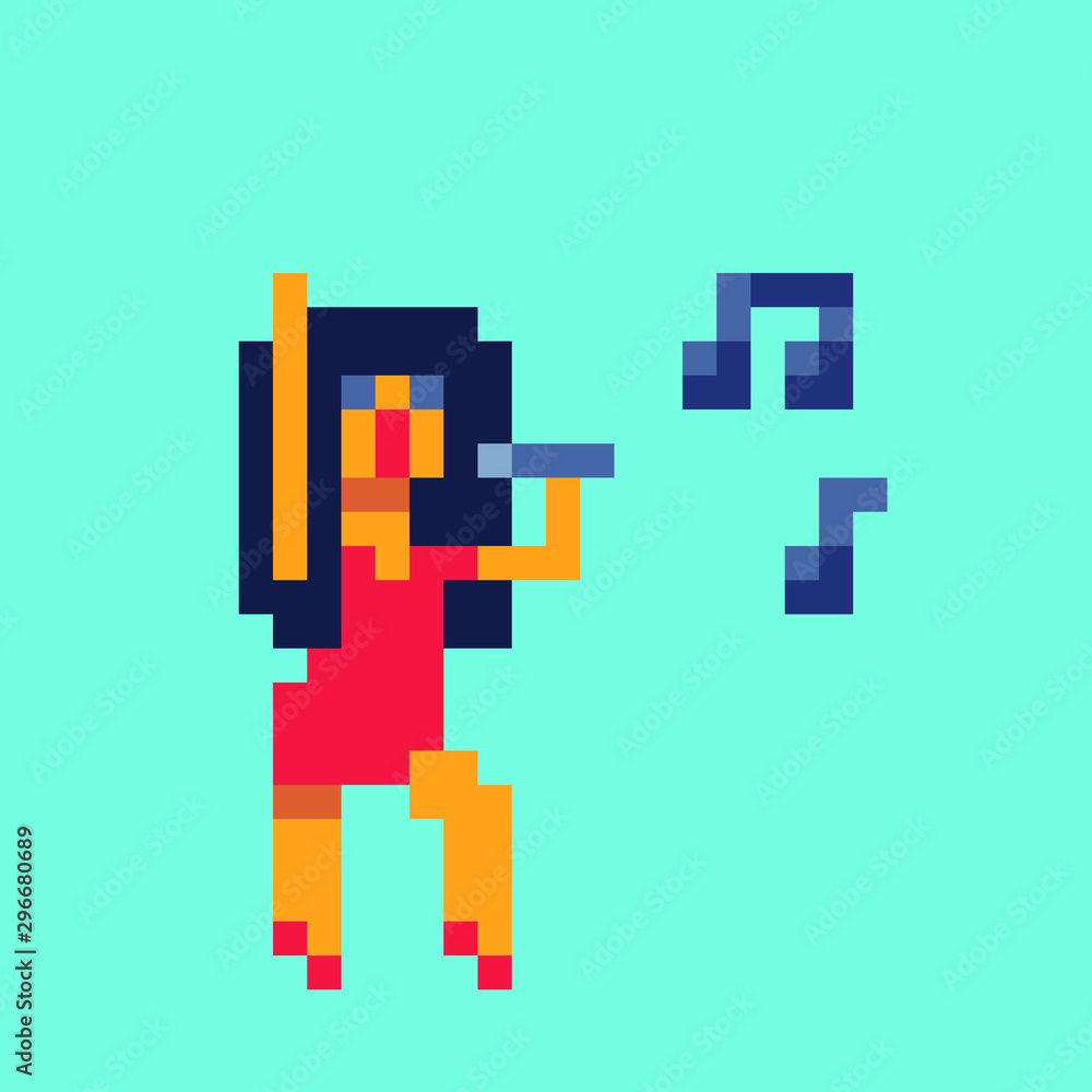 Singer character, woman in red dress singing into a microphone, pixel art vector illustration, design for logo, sticker, mobile app. Game assets 8-bit sprite.