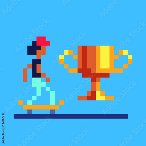 Skater character, skate board champion, golden goblet, skateboarding ride, pixel art vector illustration, design for logo, sticker, mobile app. Game assets 8-bit sprite.