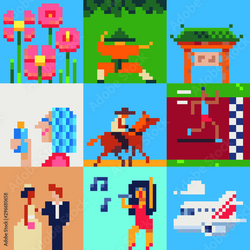Pixel art set, flowers, ninja, pagoda, woman, cowboy on horse, runner in competitions, wedding, singer, airplane, isolated vector illustration, design for logo, sticker, mobile app. Game assets 8-bit. © thepolovinkin