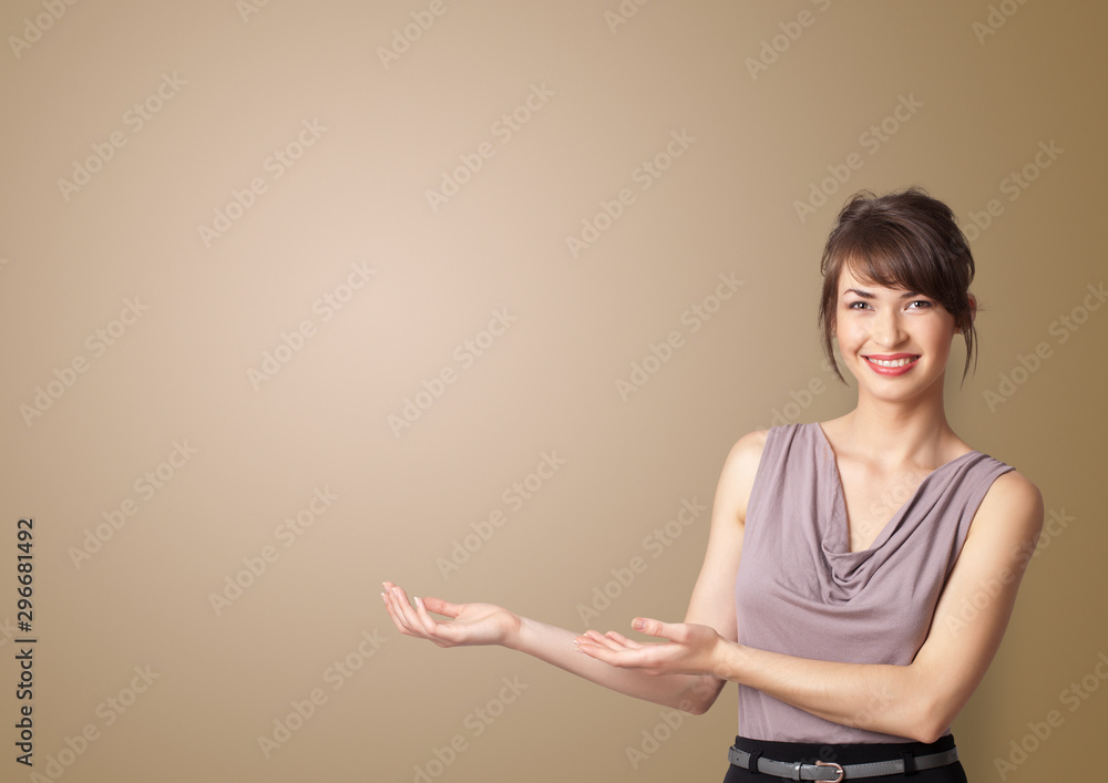 Young person presenting something with empty space Young person presenting something with empty space