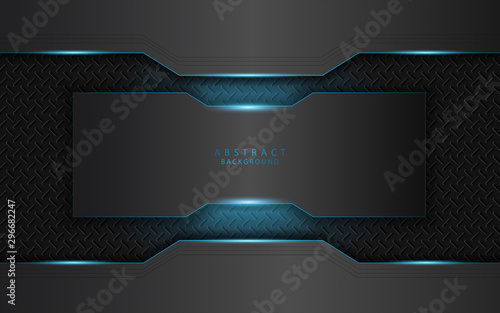 Abstract blue light metal shapes on dark background. Iron technology modern vector concept for use wallpaper, theme, cover, banner, frame, corporate, card, advertising