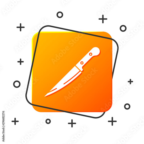 White Knife icon isolated on white background. Cutlery symbol. Orange square button. Vector Illustration