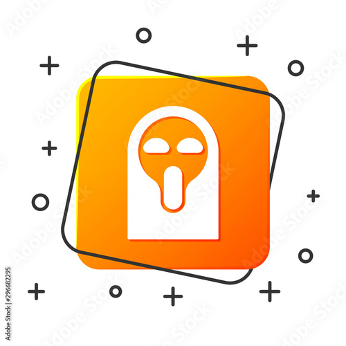 White Funny and scary ghost mask for Halloween icon isolated on white background. Happy Halloween party. Orange square button. Vector Illustration