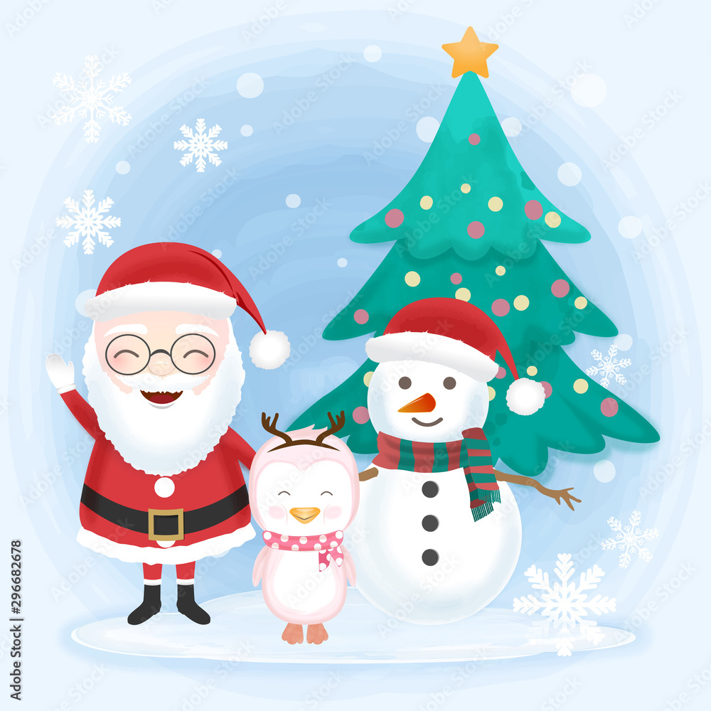 Santa with snowman and penguin hand drawn illustration winter background