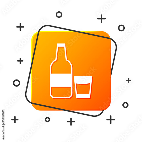 White Closed glass bottle with milk and glass icon isolated on white background. Orange square button. Vector Illustration