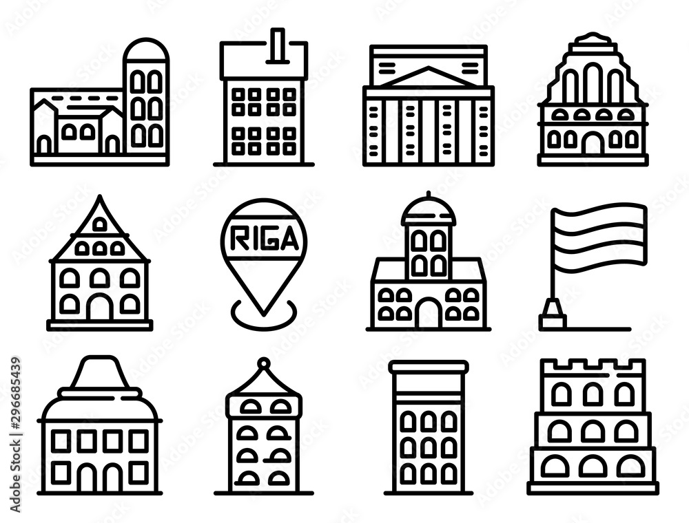 Riga icons set. Outline set of Riga vector icons for web design isolated on white background