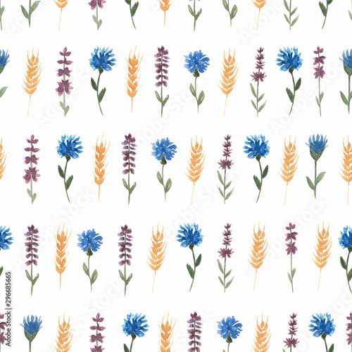 Watercolor  wildflower floral pattern  delicate flower wallpaper with field flowers and wheat  wildflowers background with splashes. Retro style.