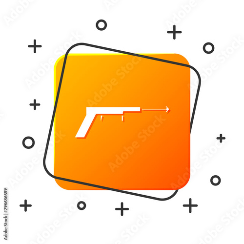 White Fishing harpoon icon isolated on white background. Fishery manufacturers for catching fish under water. Diving underwater equipment. Orange square button. Vector Illustration
