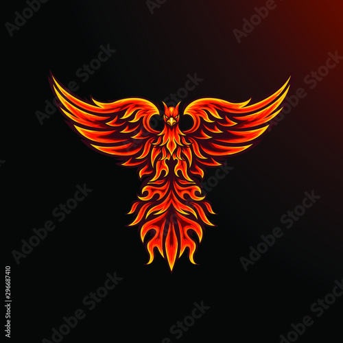 Phoenix mascot for sport and esport or gamer logo in fire color