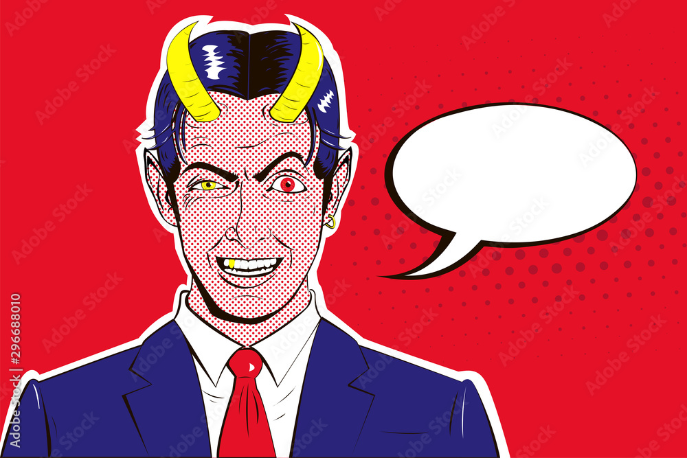 Vector pop art banner of a malevolent laughing devil businessman with horns  with speech bubble. Stock Vector | Adobe Stock